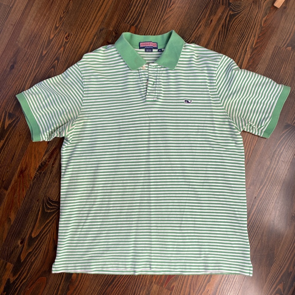 Green and White striped Vineyard Vines Short Sleeved Polo